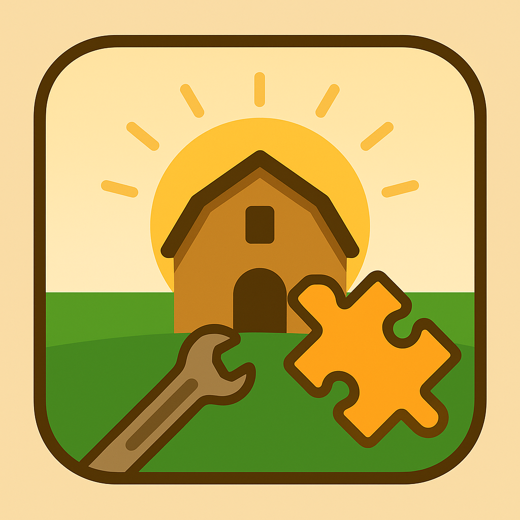 Farm Puzzle app icon: barn, beige sunrise, puzzle piece and wrench